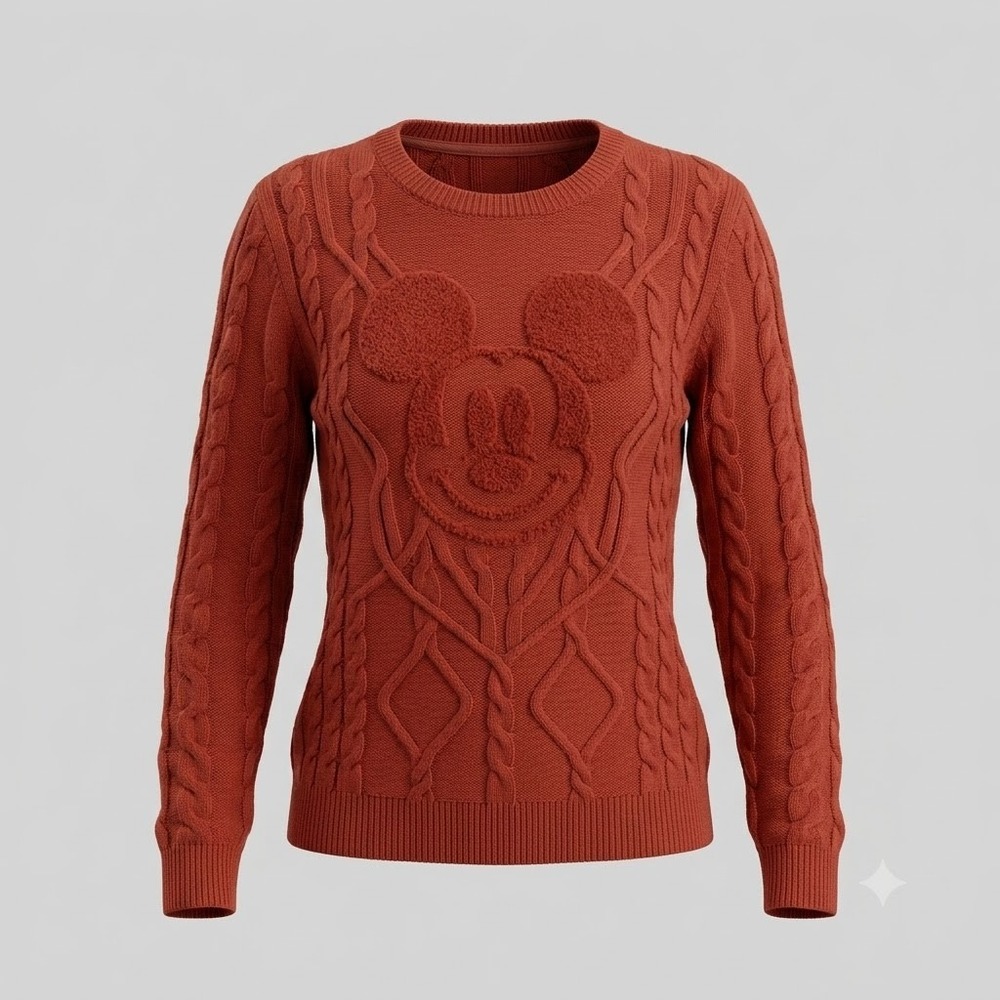 Disney‎ Mickey Mouse Embossed Cable Knit Sweater Brick Red Rust Womens Large L